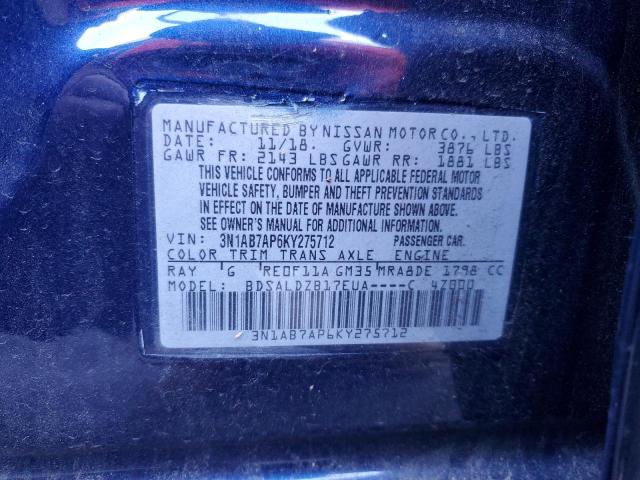 3N1AB7AP6KY275712 - 2019 NISSAN SENTRA S BLUE photo 13