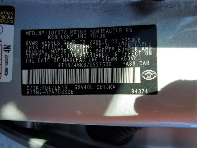 4T1BK46K67U527509 - 2007 TOYOTA CAMRY LE SILVER photo 12