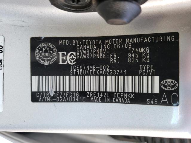 2T1BU4EEXAC233741 - 2010 TOYOTA COROLLA BASE SILVER photo 12