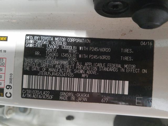 JTEBU5JR4G5341935 - 2016 TOYOTA 4RUNNER SR5/SR5 PREMIUM 白色 照片 10