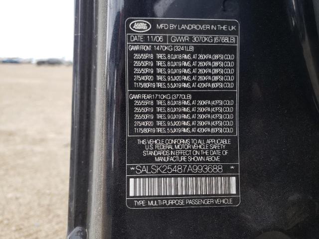 SALSK25487A993688 - 2007 LAND ROVER RANGE ROVE HSE BLACK photo 13