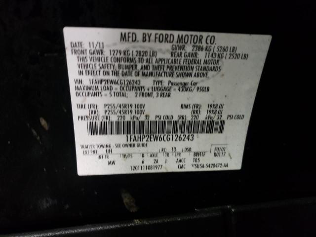 1FAHP2EW6CG126243 - 2012 FORD TAURUS SEL BLACK photo 12