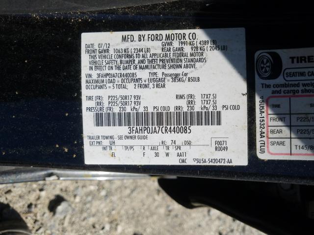 3FAHP0JA7CR440085 - 2012 FORD FUSION SEL  photo 10