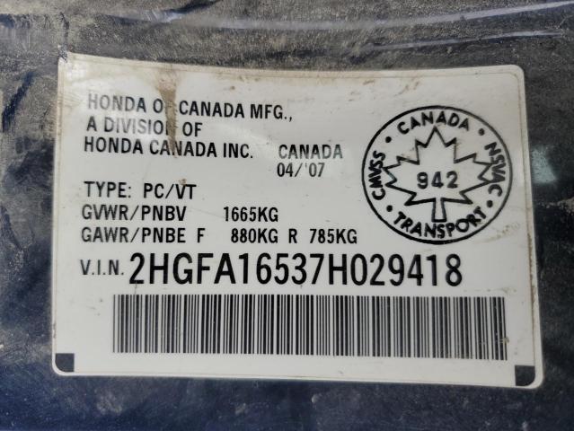 2HGFA16537H029418 - 2007 HONDA CIVIC LX BLUE photo 12