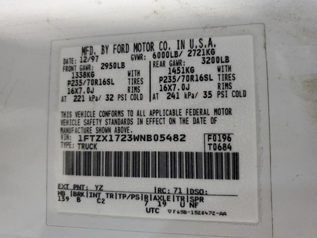 1FTZX1723WNB05482 - 1998 FORD F150 WHITE photo 12