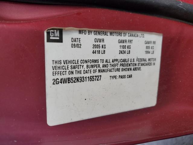 2G4WB52K931165727 - 2003 BUICK REGAL LS MAROON photo 12