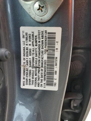 19XFB2F94CE012623 - 2012 HONDA CIVIC EXL ნაცრისფერი ფოტო 12