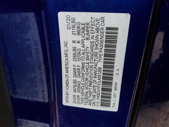 1HGCV1F31LA051268 - 2020 HONDA ACCORD SPORT BLUE photo 13