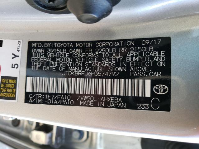 JTDKBRFU6H3574792 - 2017 TOYOTA PRIUS SILVER photo 13