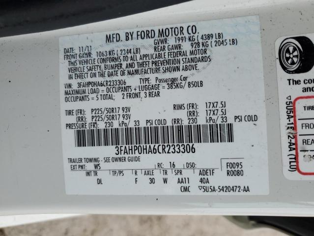 3FAHP0HA6CR233306 - 2012 FORD FUSION SE WHITE photo 12