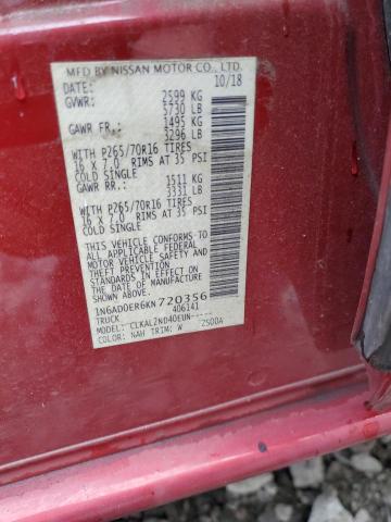 1N6AD0ER6KN720356 - 2019 NISSAN FRONTIER S RED photo 12