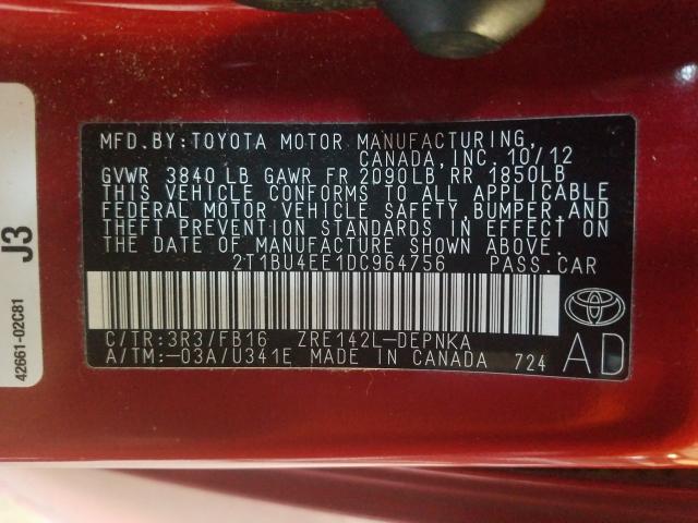 2T1BU4EE1DC964756 - 2013 TOYOTA COROLLA BASE  photo 10