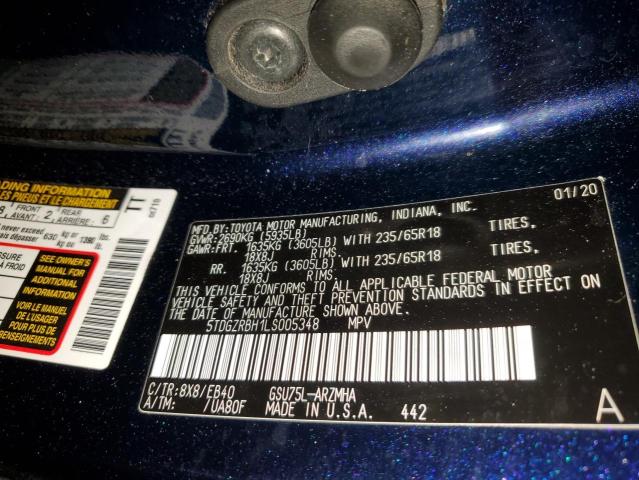 5TDGZRBH1LS005348 - 2020 TOYOTA HIGHLANDER XLE BLUE photo 12