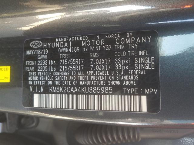 KM8K2CAA4KU385985 - 2019 HYUNDAI KONA SEL  photo 10