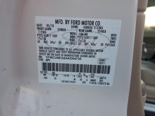 1FMCU9EG2AKD04735 - 2010 FORD ESCAPE LIMITED WHITE photo 12