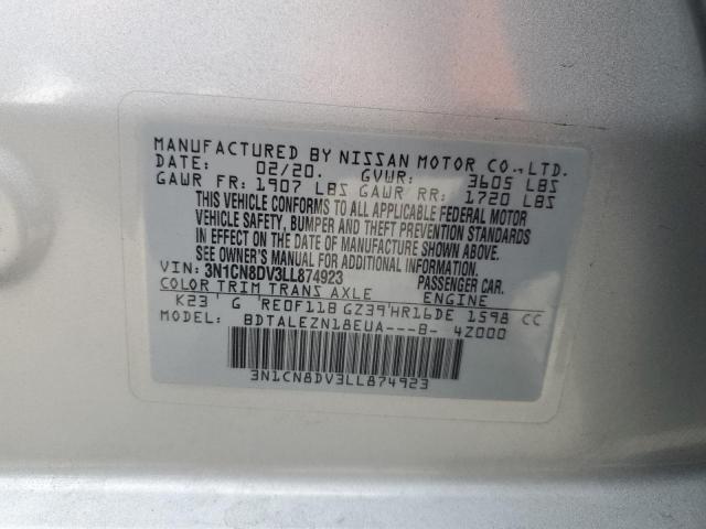 3N1CN8DV3LL874923 - 2020 NISSAN VERSA S SILVER photo 12