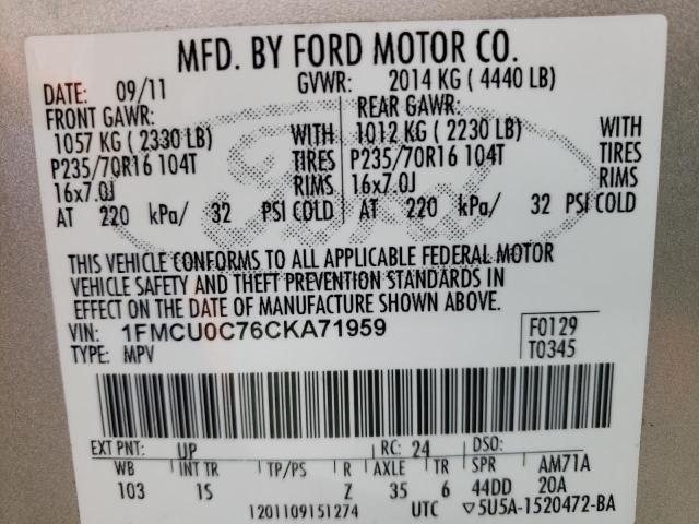 1FMCU0C76CKA71959 - 2012 FORD ESCAPE XLS BEIGE photo 14