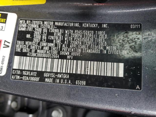 4T3BK3BB9BU052664 - 2011 TOYOTA VENZA CHARCOAL photo 12