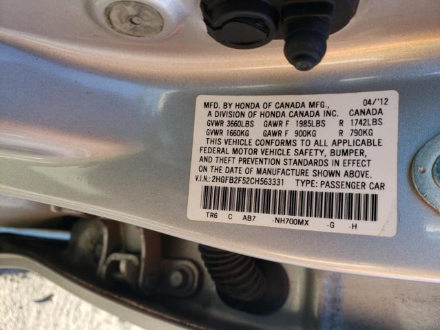 2HGFB2F52CH563331 - 2012 HONDA CIVIC LX SILVER photo 12