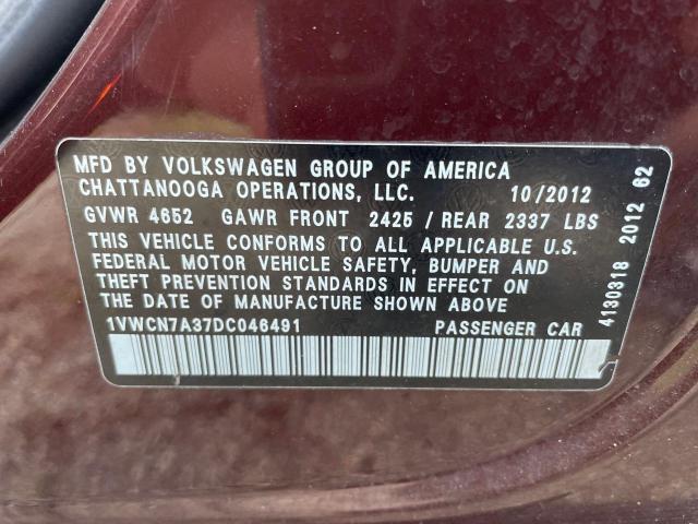 1VWCN7A37DC046491 - 2013 VOLKSWAGEN PASSAT SEL RED photo 10