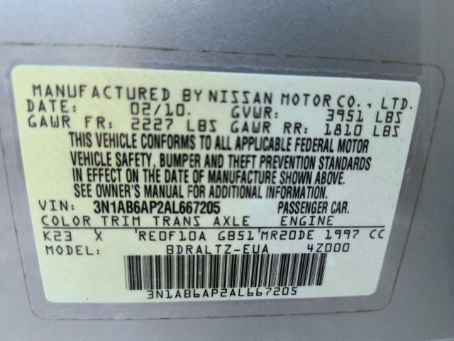 3N1AB6AP2AL667205 - 2010 NISSAN SENTRA 2.0 GRAY photo 10