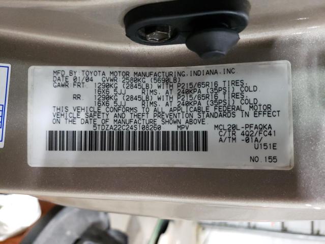 5TDZA22C24S108260 - 2004 TOYOTA SIENNA XLE TAN photo 13