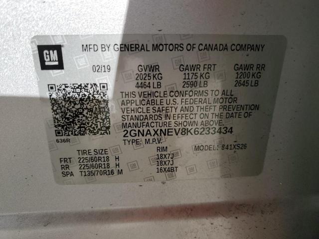 2GNAXNEV8K6233434 - 2019 CHEVROLET EQUINOX PREMIER GRAY photo 13