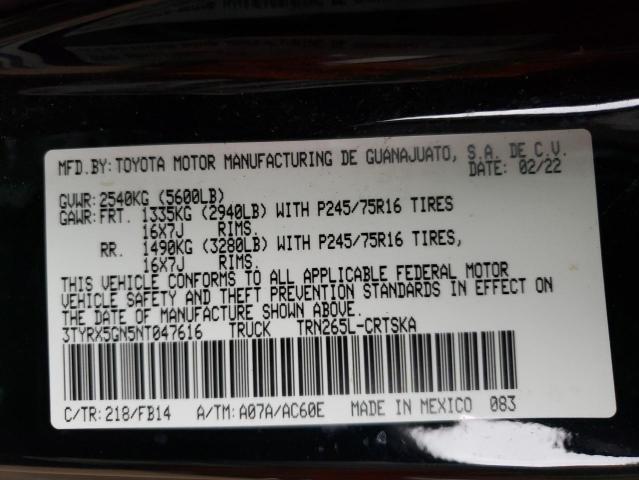 3TYRX5GN5NT047616 - 2022 TOYOTA TACOMA ACCESS CAB BLACK photo 13