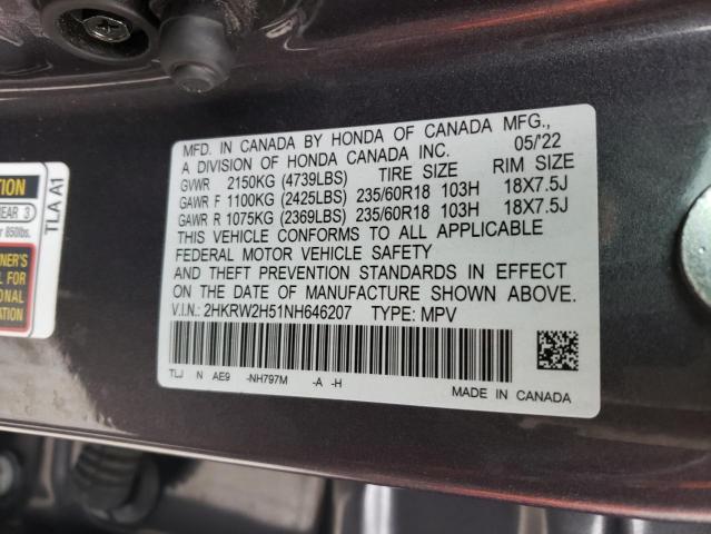 2HKRW2H51NH646207 - 2022 HONDA CR-V EX GRAY photo 13