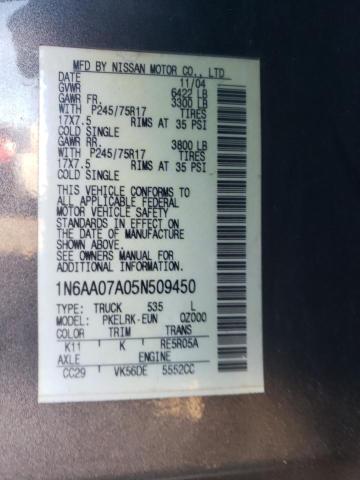 1N6AA07A05N509450 - 2005 NISSAN TITAN XE GRAY photo 12