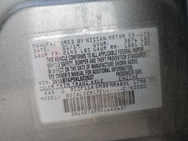 3N1AB7AP5KL622637 - 2019 NISSAN SENTRA S GRAY photo 12