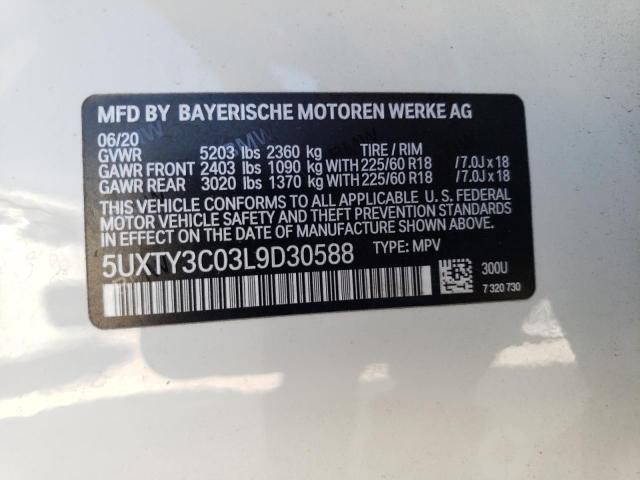 5UXTY3C03L9D30588 - 2020 BMW X3 SDRIVE30I WHITE photo 13