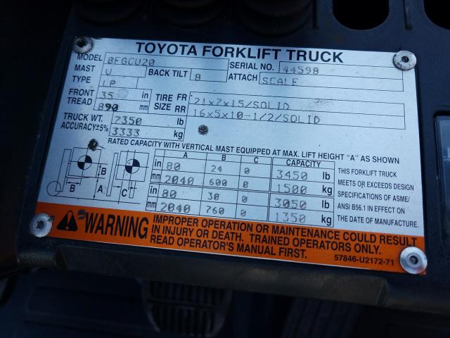 44598 - 2013 TOYOTA FORKLIFT  photo 10