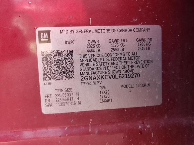 2GNAXKEV0L6219270 - 2020 CHEVROLET EQUINOX LT MAROON photo 12