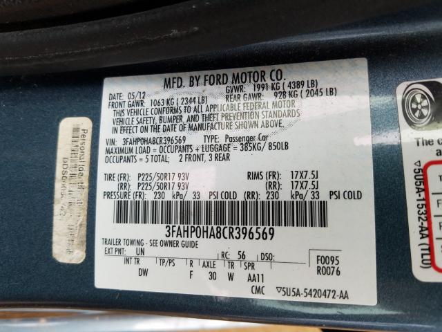 3FAHP0HA8CR396569 - 2012 FORD FUSION SE  photo 10