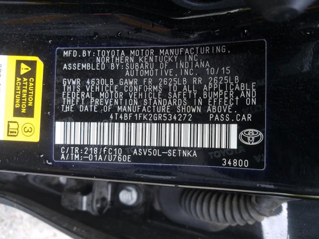 4T4BF1FK2GR534272 - 2016 TOYOTA CAMRY LE  ფოტო 10
