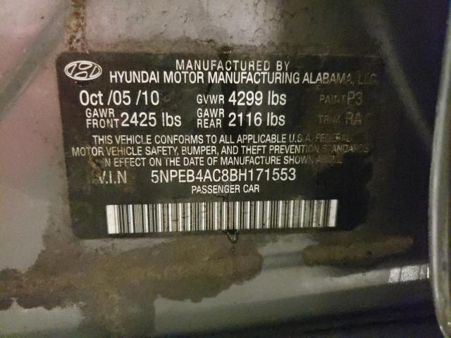 5NPEB4AC8BH171553 - 2011 HYUNDAI SONATA GLS GRAY photo 12