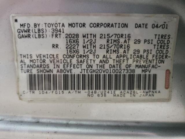 JTEGH20V010027338 - 2001 TOYOTA RAV4 SILVER photo 12