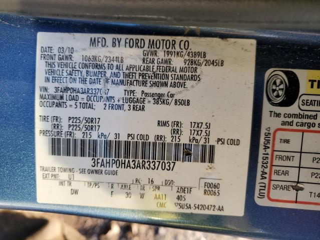 3FAHP0HA3AR337037 - 2010 FORD FUSION SE BLUE photo 12