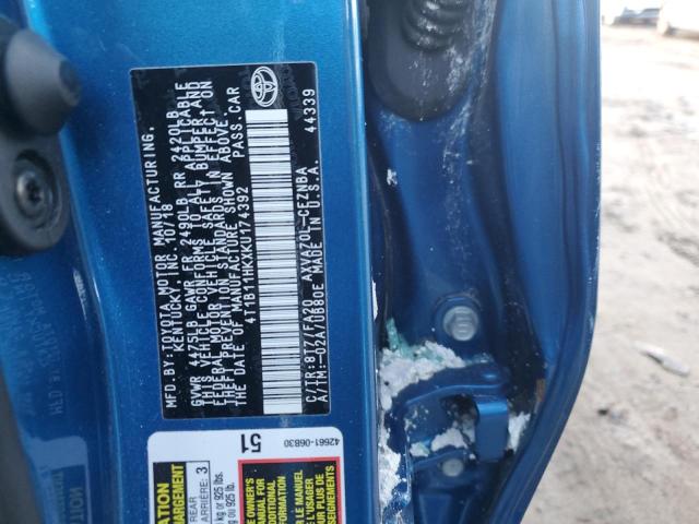 4T1B11HKXKU174392 - 2019 TOYOTA CAMRY L BLUE photo 12