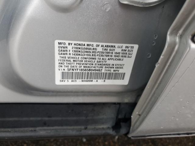 5FNYF18565B049462 - 2005 HONDA PILOT EXL SILVER photo 13