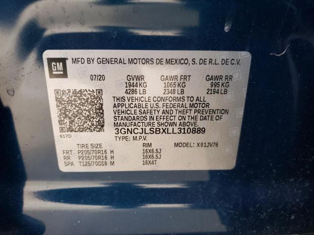 3GNCJLSBXLL310889 - 2020 CHEVROLET TRAX 1LT BLUE photo 12