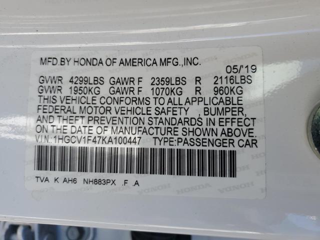 1HGCV1F47KA100447 - 2019 HONDA ACCORD EX WHITE photo 13