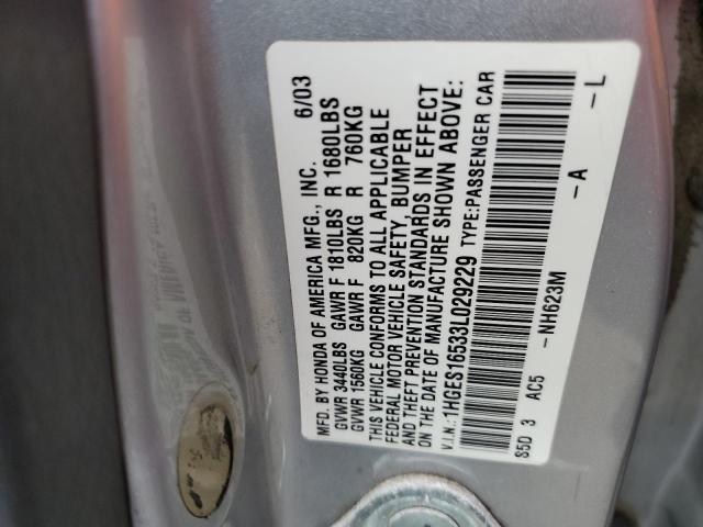 1HGES16533L029229 - 2003 HONDA CIVIC LX GRAY photo 12