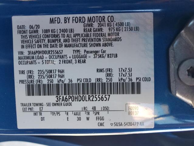 3FA6P0HD0LR255657 - 2020 FORD FUSION SE BLUE photo 12