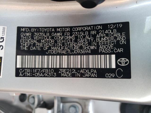 JTDEPRAE7LJ093694 - 2020 TOYOTA COROLLA LE SILVER photo 12