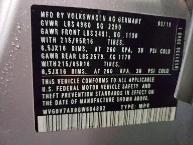 WVGBV7AX8GW604882 - 2016 VOLKSWAGEN TIGUAN S SILVER photo 13