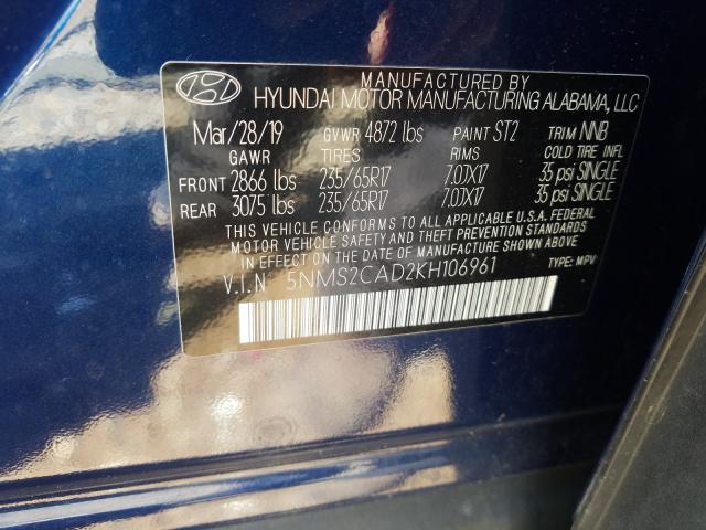 5NMS2CAD2KH106961 - 2019 HYUNDAI SANTA FE SE  photo 10