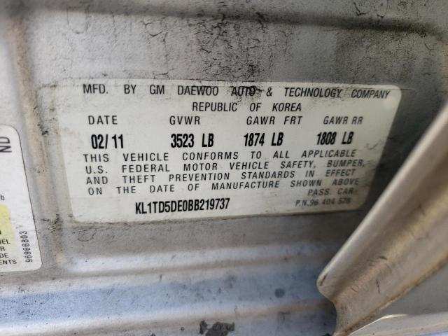 KL1TD5DE0BB219737 - 2011 CHEVROLET AVEO LS ვერცხლისფერი ფოტო 10