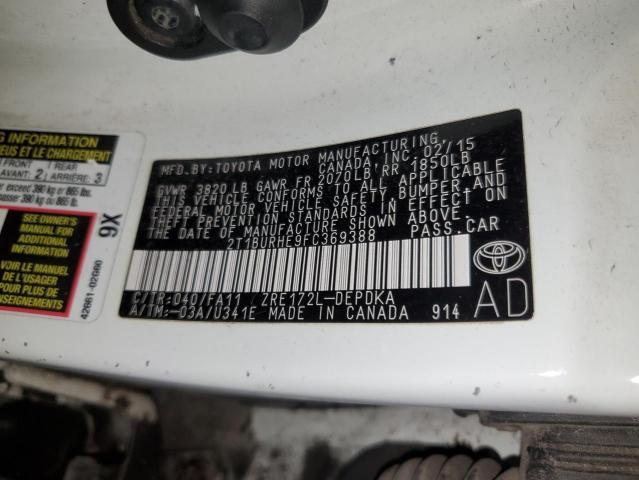 2T1BURHE9FC369388 - 2015 TOYOTA COROLLA L WHITE photo 12